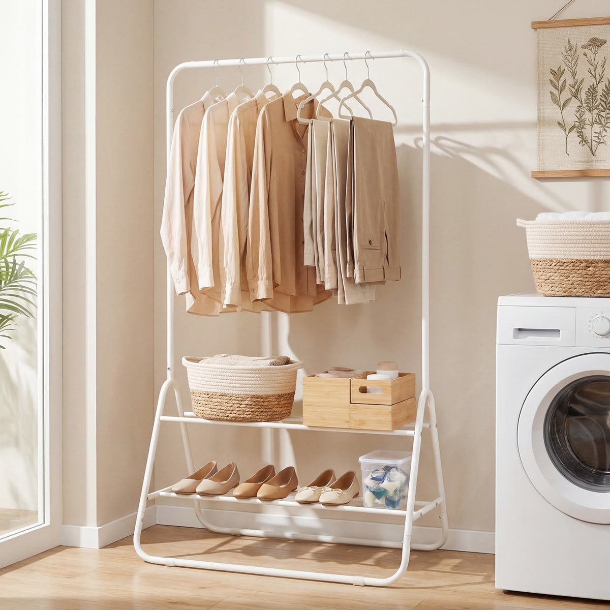 Heavy Duty Clothes Rack with Hanging Rod and Storage Shelves - White