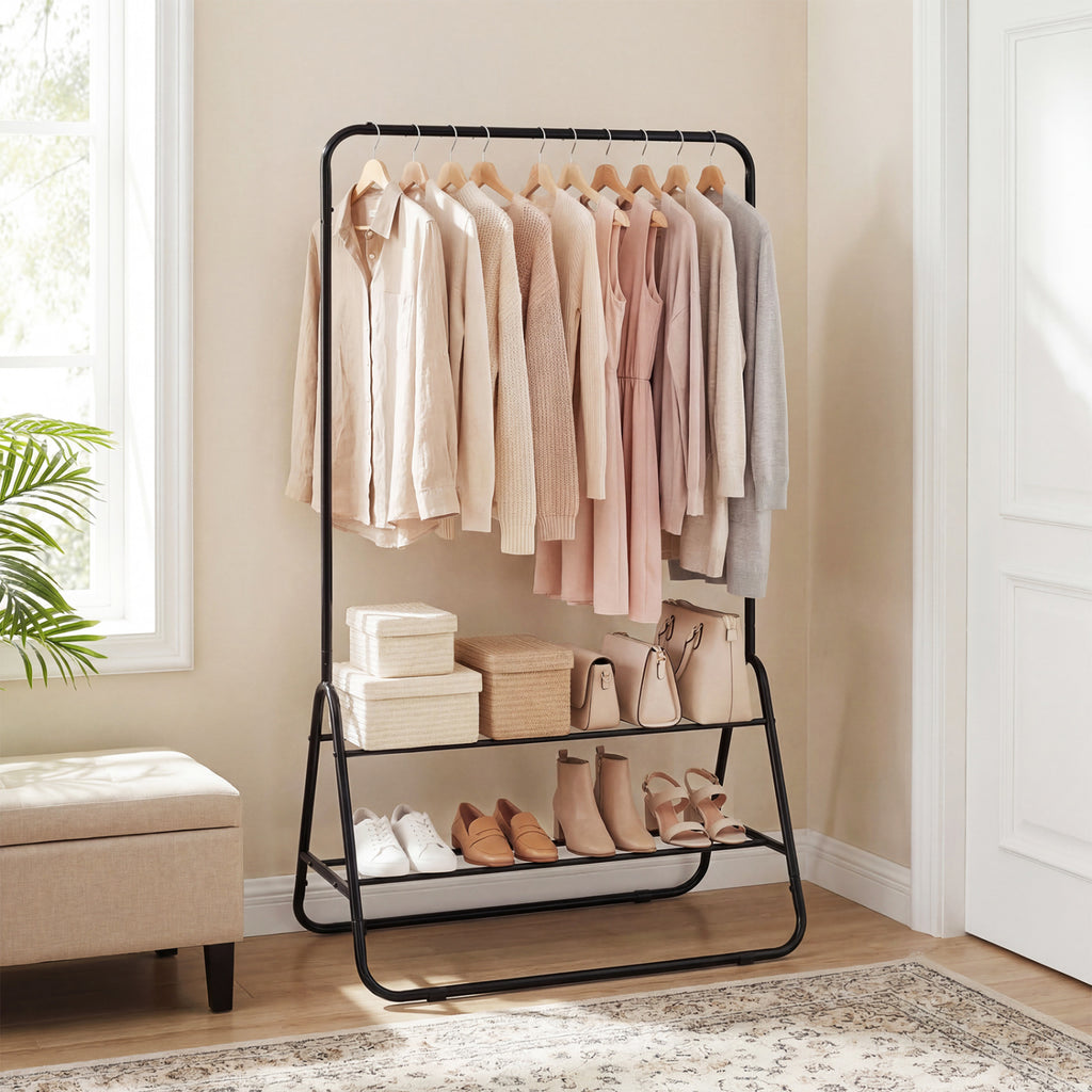 Heavy Duty Clothes Rack with Hanging Rod and Storage Shelves - White