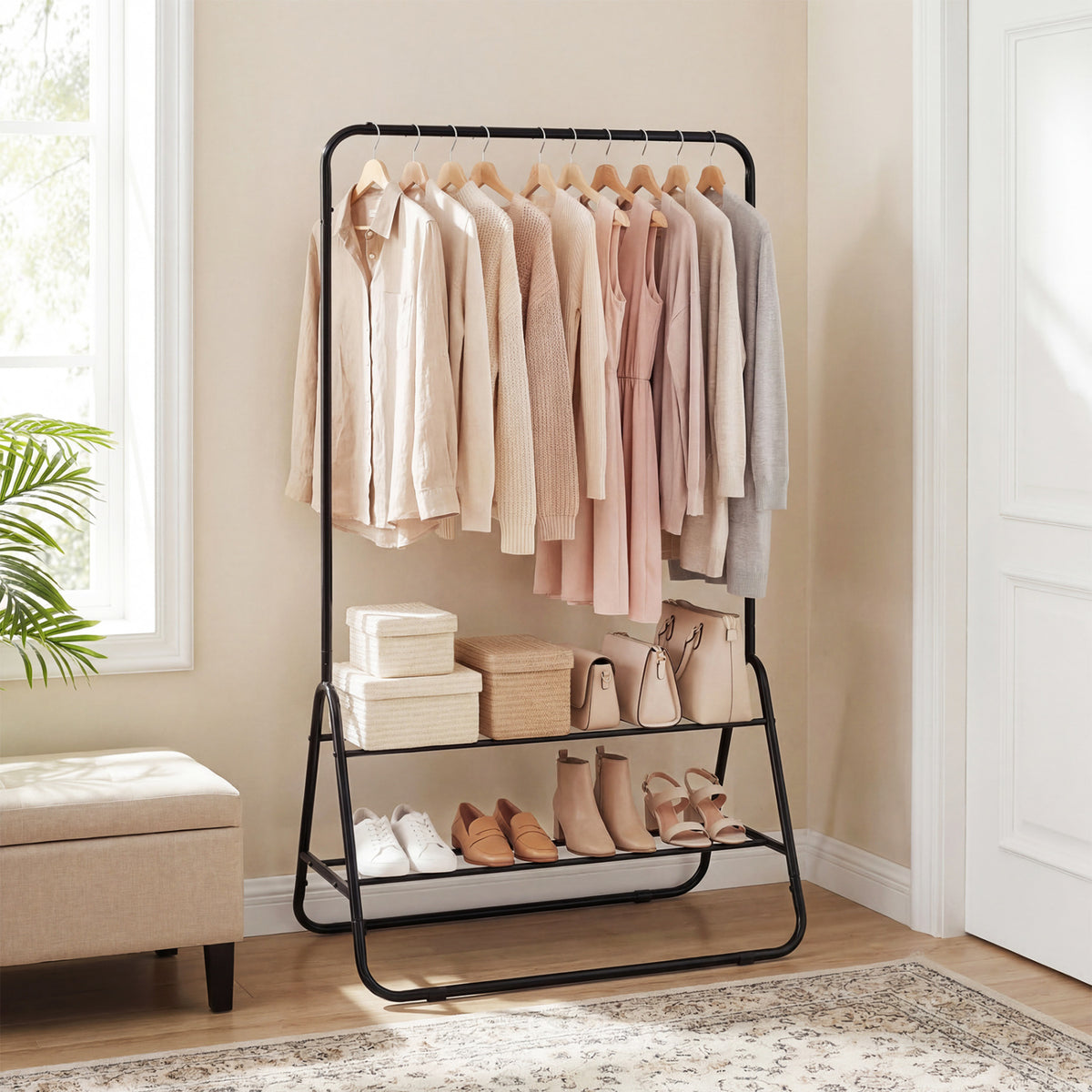 Heavy Duty Clothes Rack with Hanging Rod and Storage Shelves - White