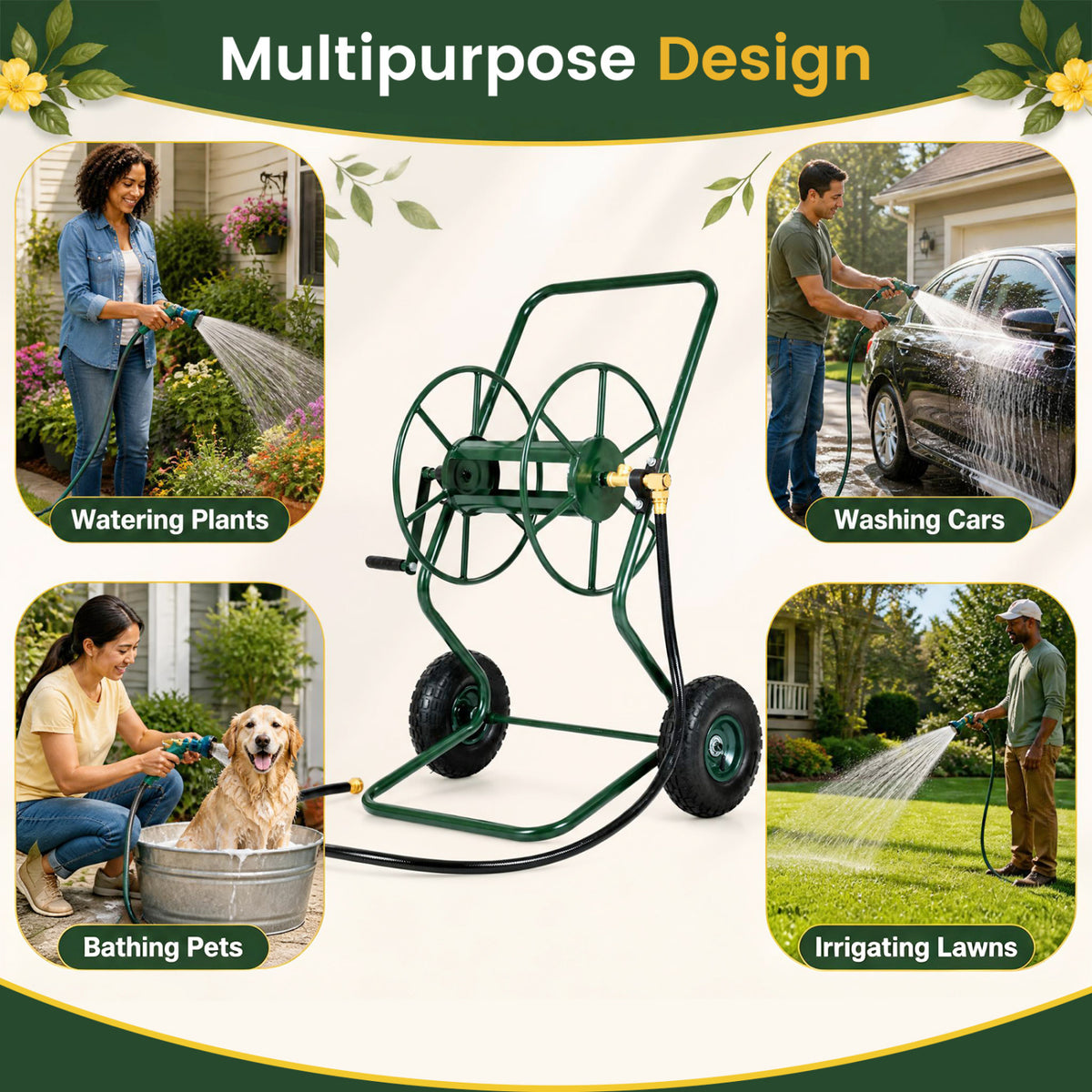 Heavy Duty Garden Hose Reel Cart Holds up to 300 FT of 5/8"