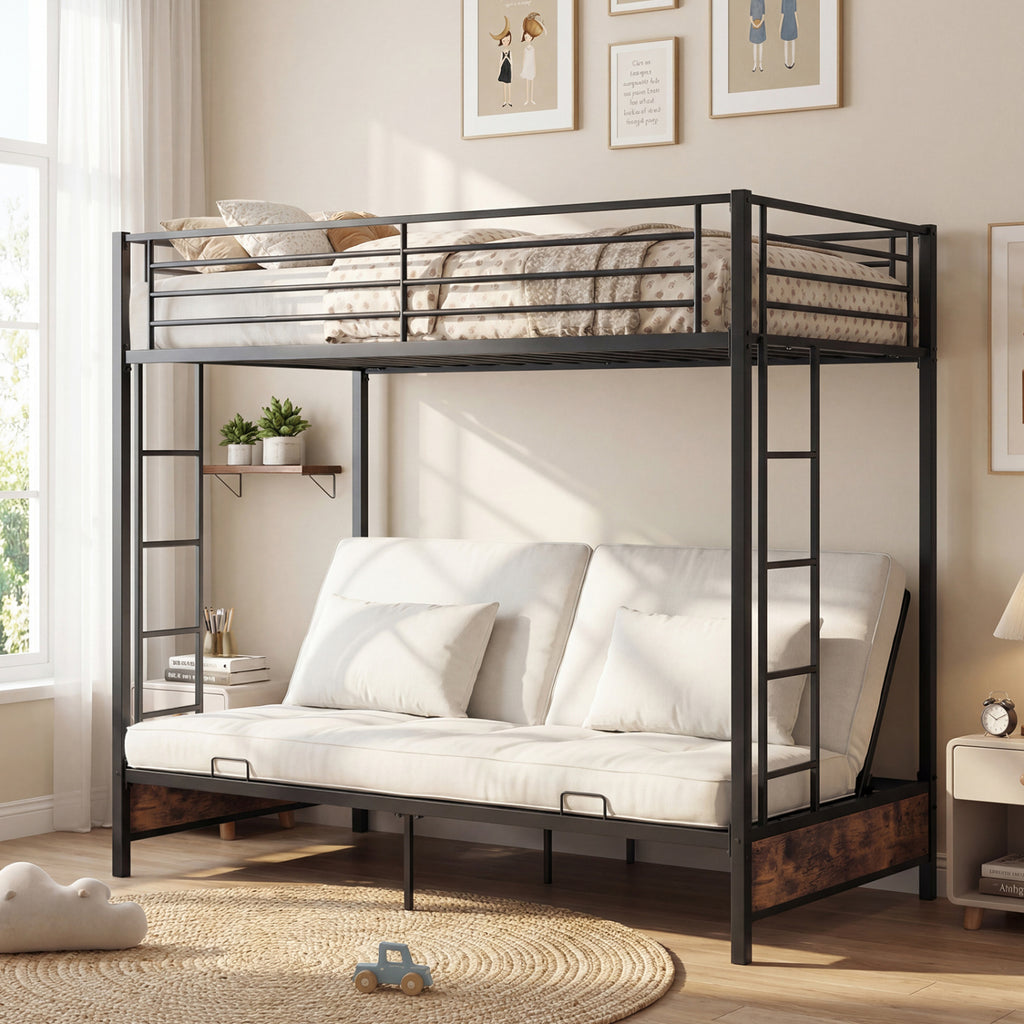Twin Over Twin Metal Bunk Bed with Futon Conversion - Rustic Brown