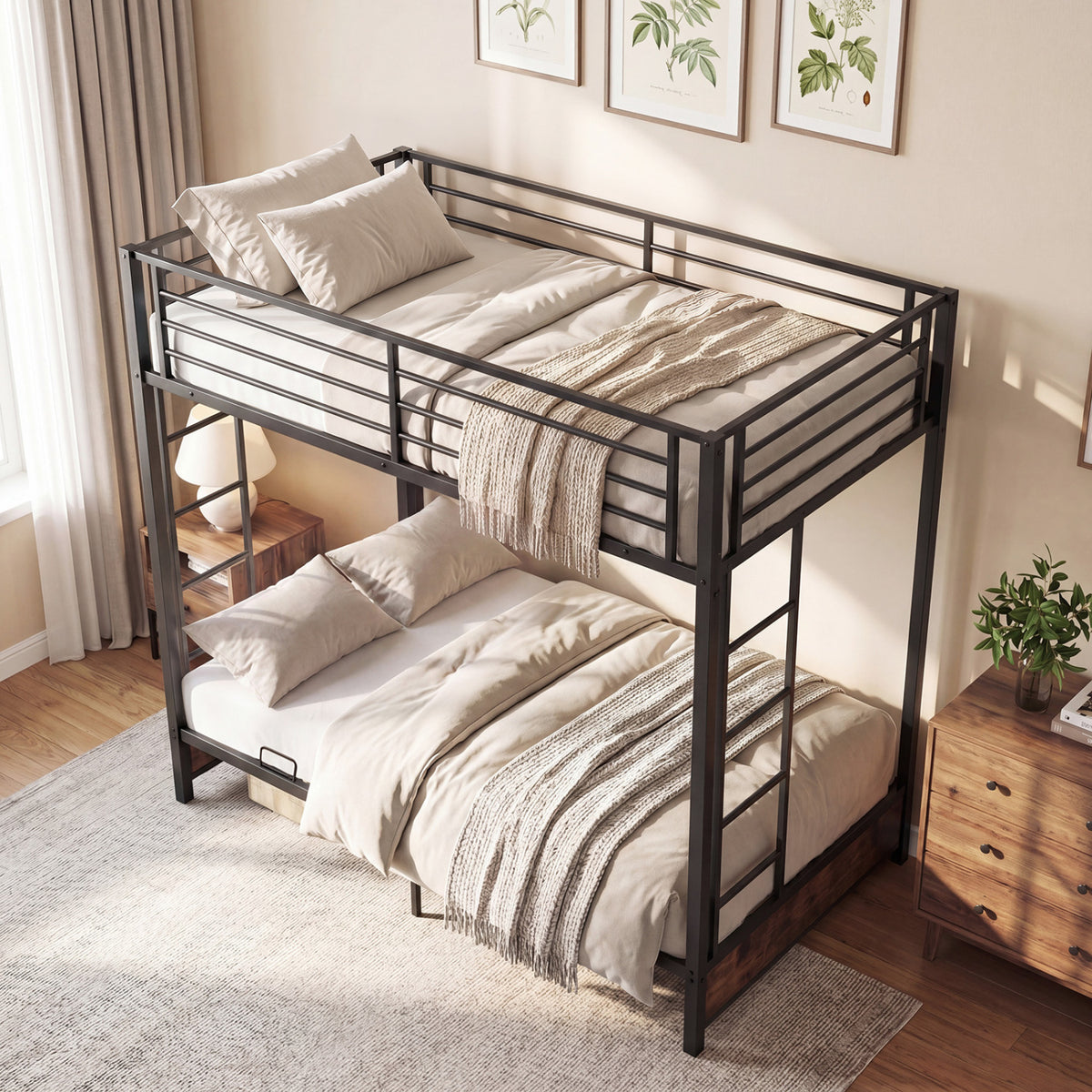 Twin Over Twin Metal Bunk Bed with Futon Conversion - Rustic Brown