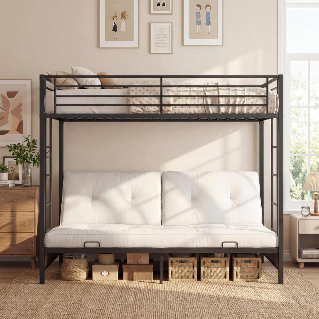 Twin Over Twin Metal Bunk Bed with Futon Conversion - Rustic Brown