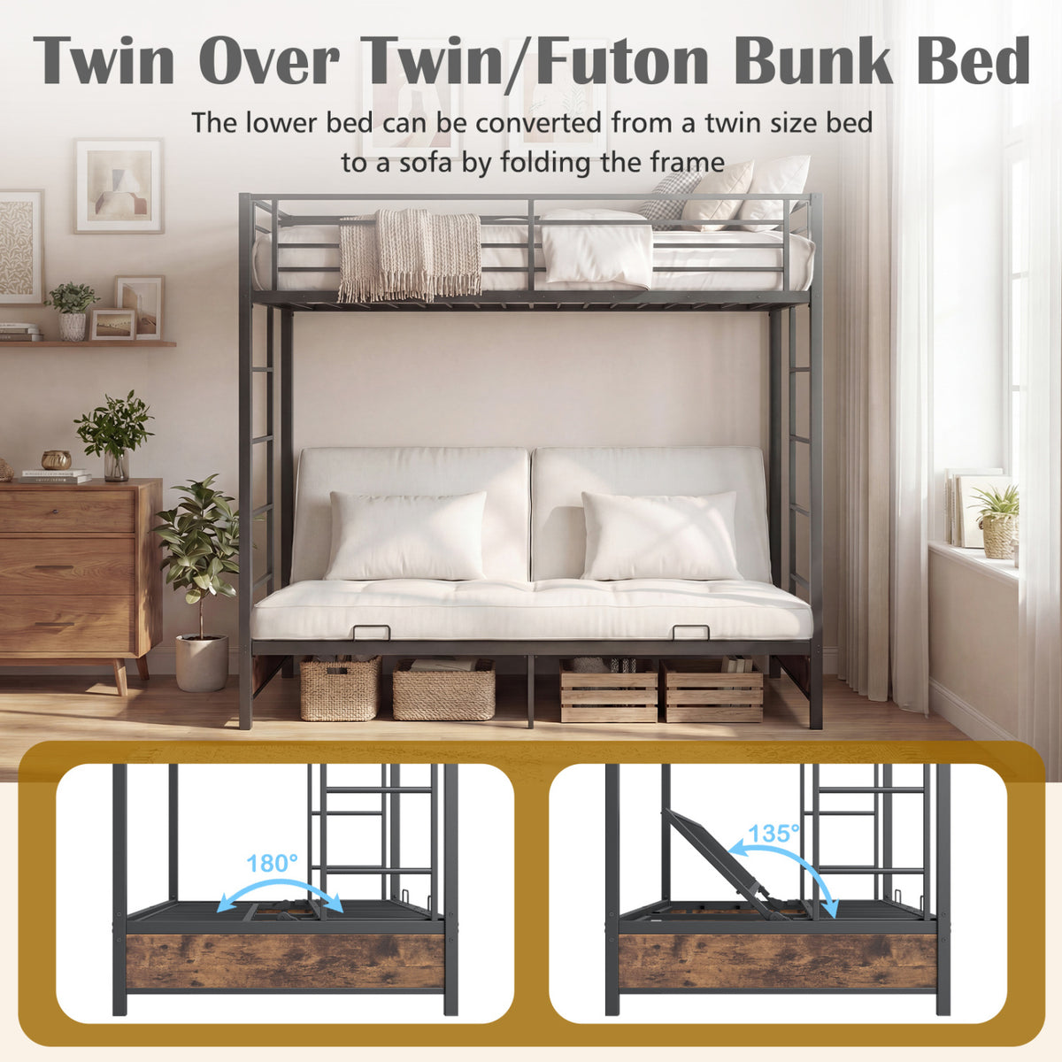 Twin Over Twin Metal Bunk Bed with Futon Conversion - Rustic Brown