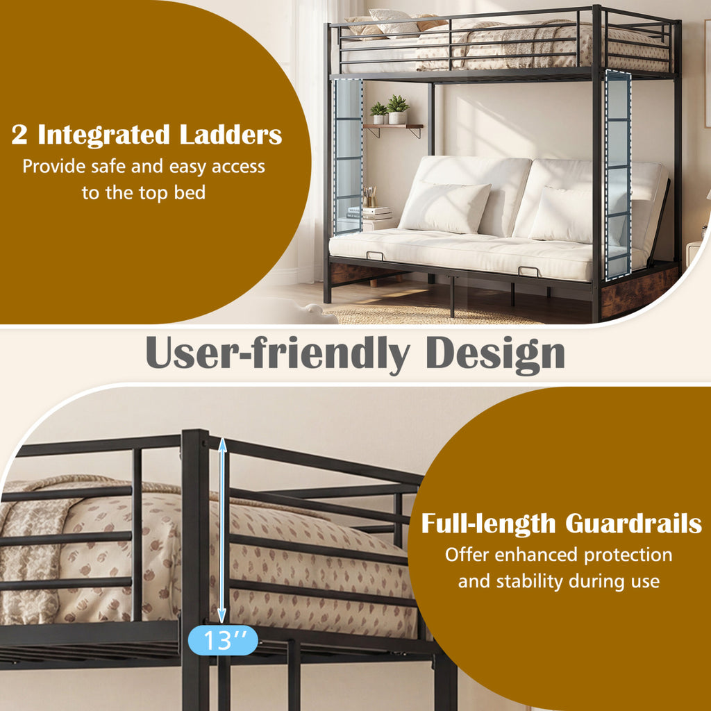 Twin Over Twin Metal Bunk Bed with Futon Conversion - Rustic Brown