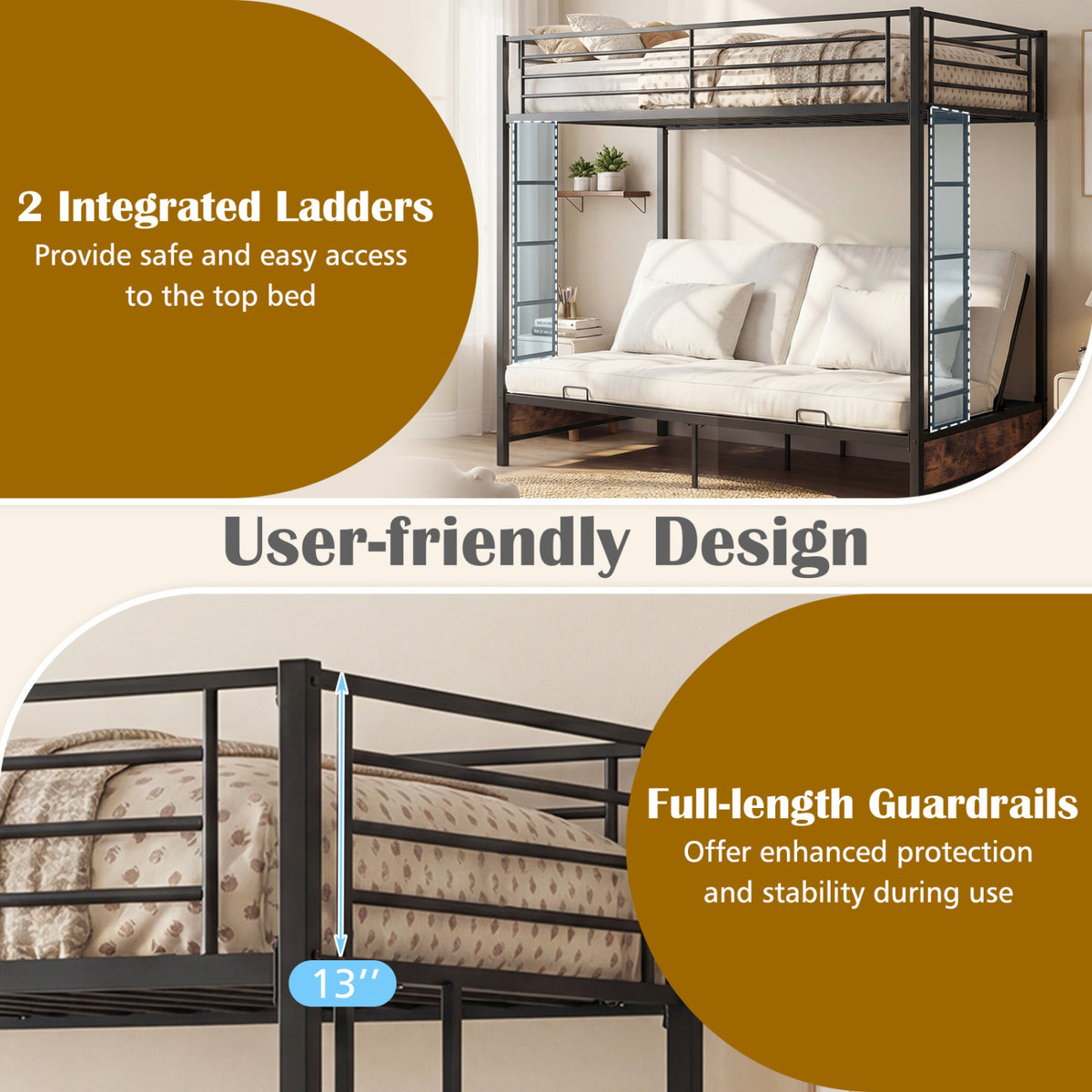 Twin Over Twin Metal Bunk Bed with Futon Conversion - Rustic Brown