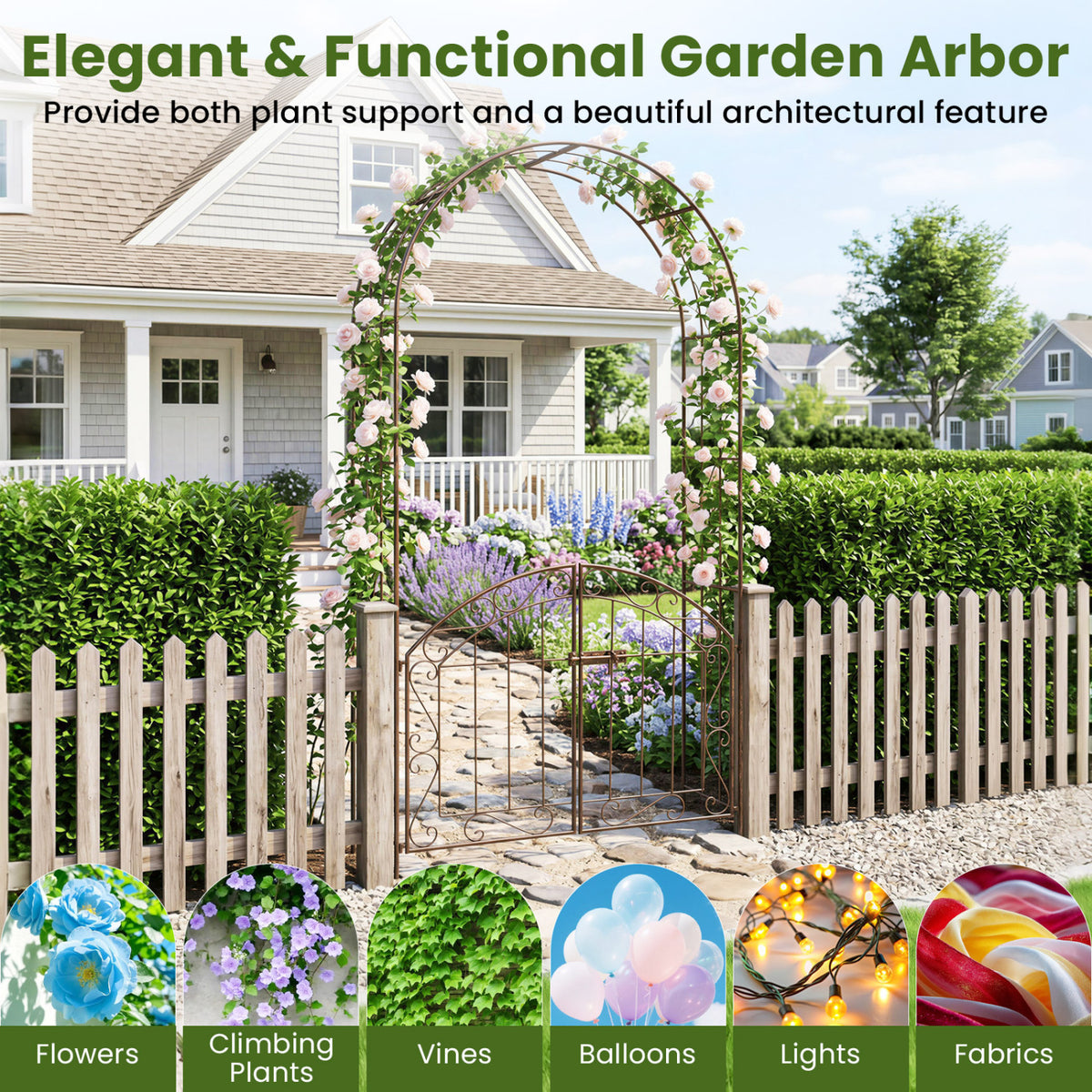 Heavy-Duty Metal Garden Arch with Gate and Safety Latch