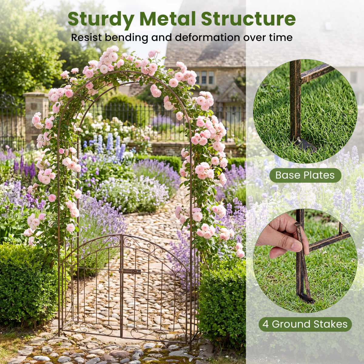 Heavy-Duty Metal Garden Arch with Gate and Safety Latch