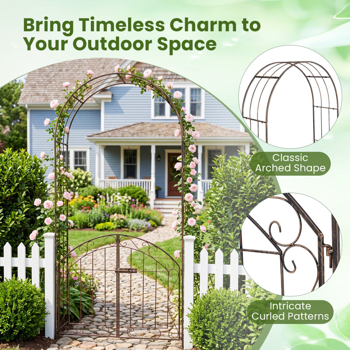 Heavy-Duty Metal Garden Arch with Gate and Safety Latch