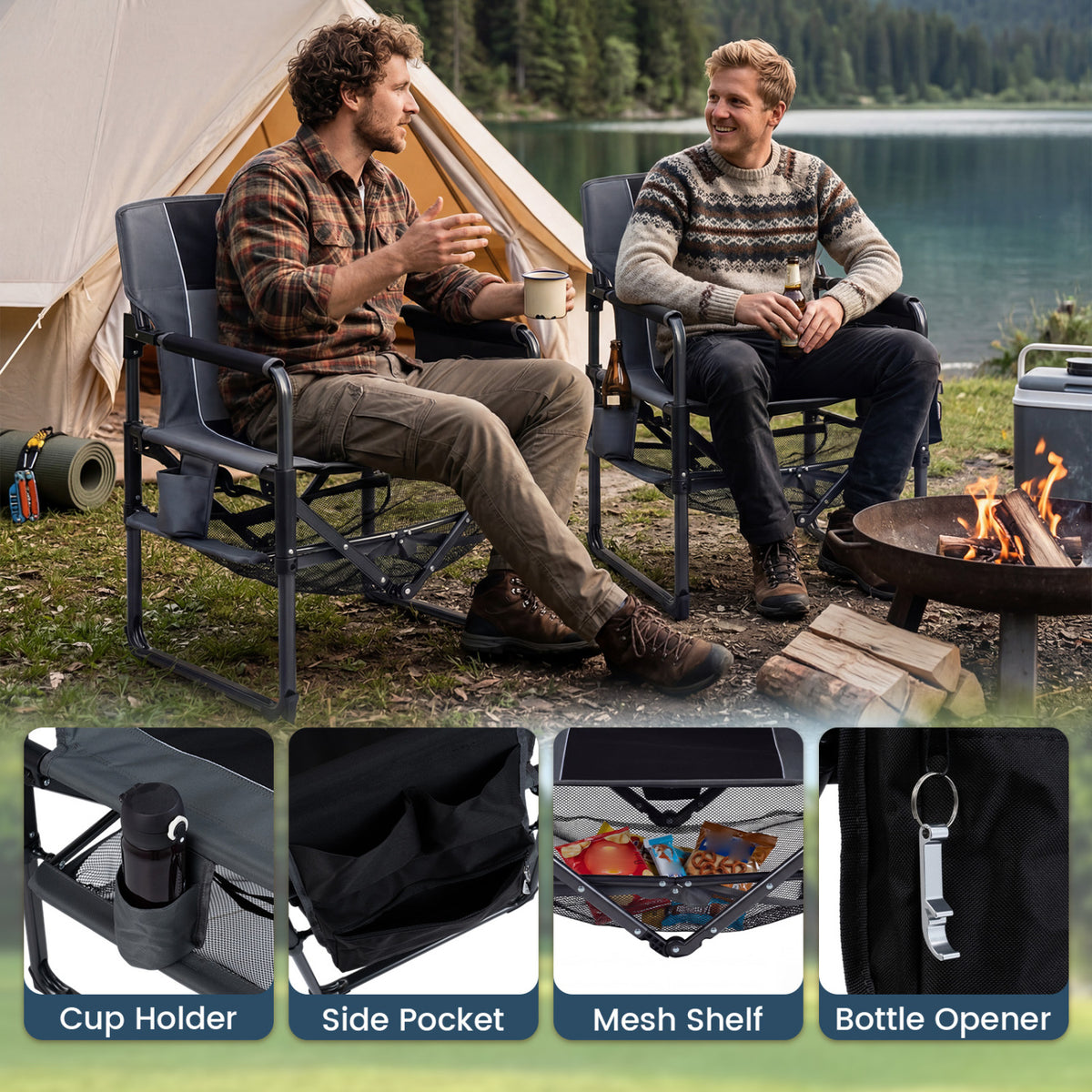 Set of 2 Heavy Duty Outdoor Camping Chair with Cup Holder