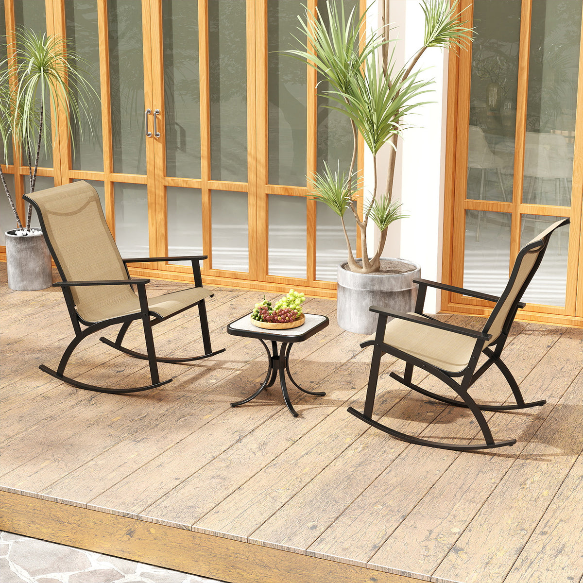 Heavy-Duty Rocking Bistro Chairs and Table Set with High Backrest