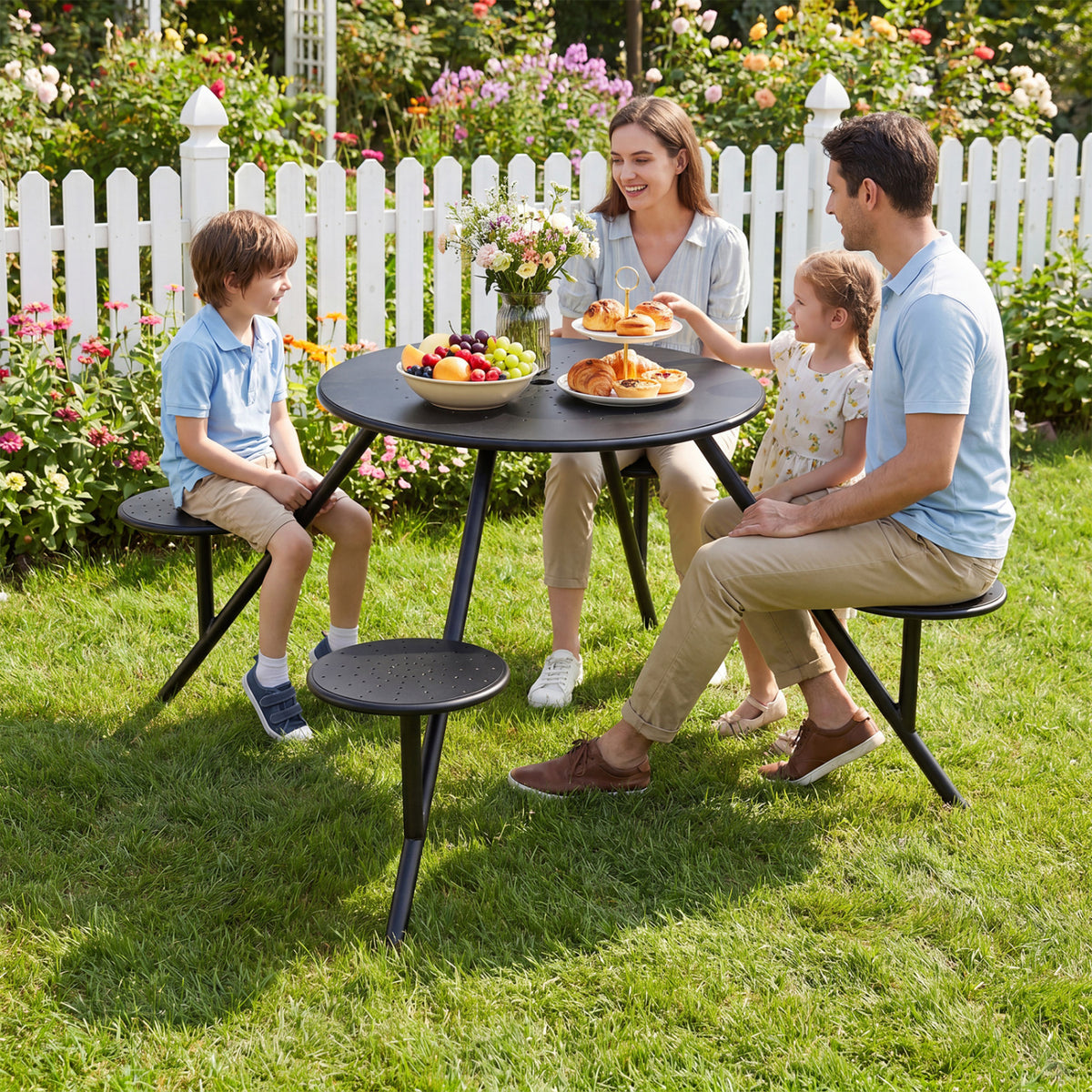 Heavy Duty Round Picnic Table for 4 with Iron Seats & Umbrella Hole