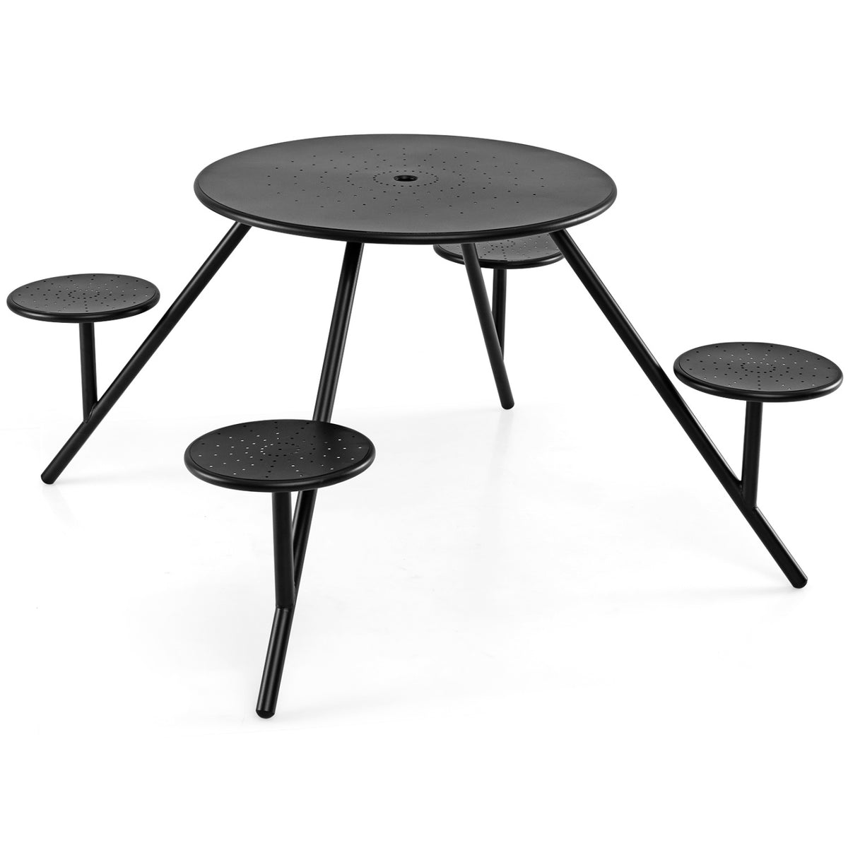 Heavy Duty Round Picnic Table for 4 with Iron Seats & Umbrella Hole