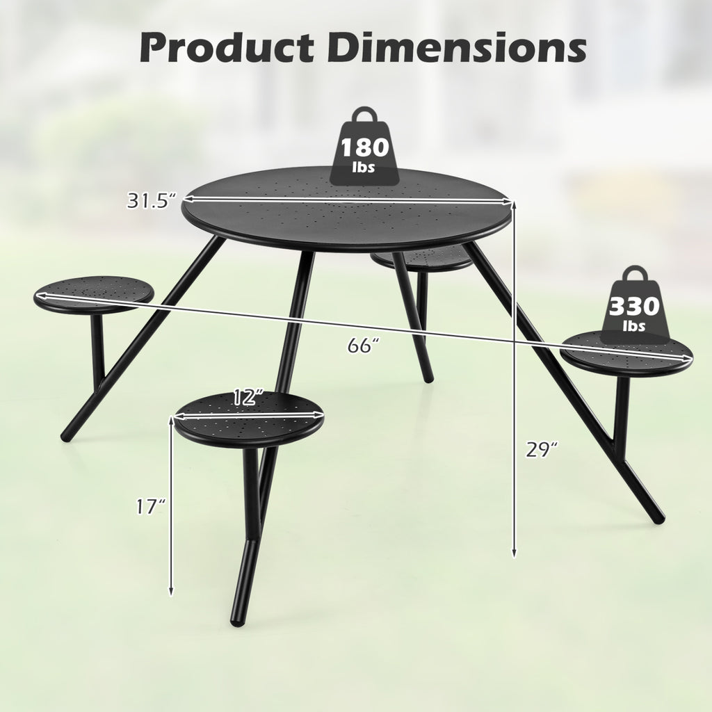Heavy Duty Round Picnic Table for 4 with Iron Seats & Umbrella Hole