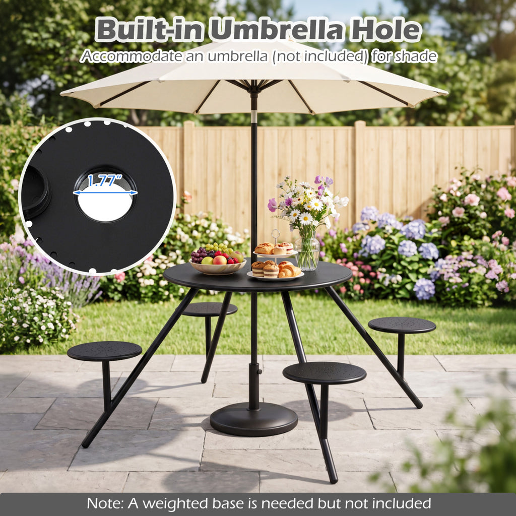 Heavy Duty Round Picnic Table for 4 with Iron Seats & Umbrella Hole