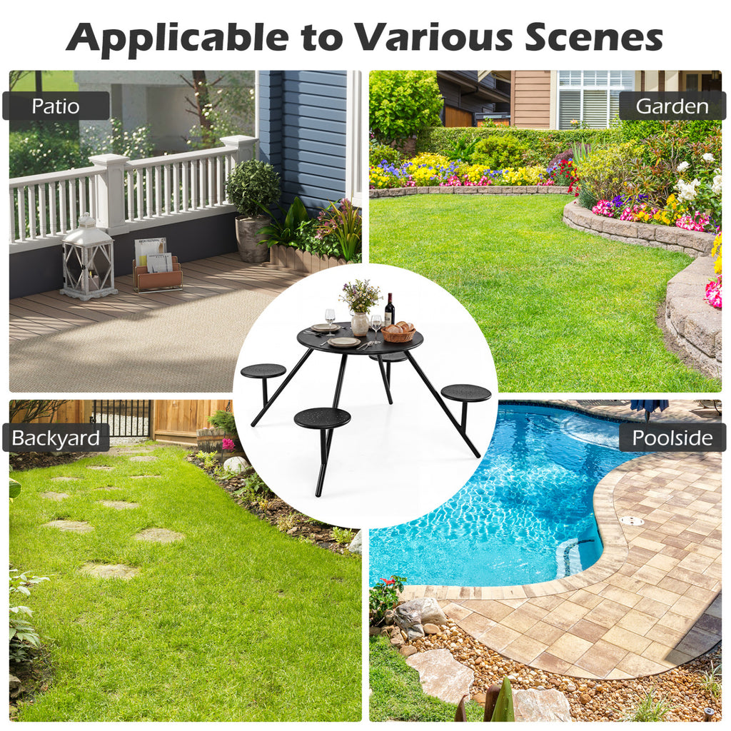 Heavy Duty Round Picnic Table for 4 with Iron Seats & Umbrella Hole