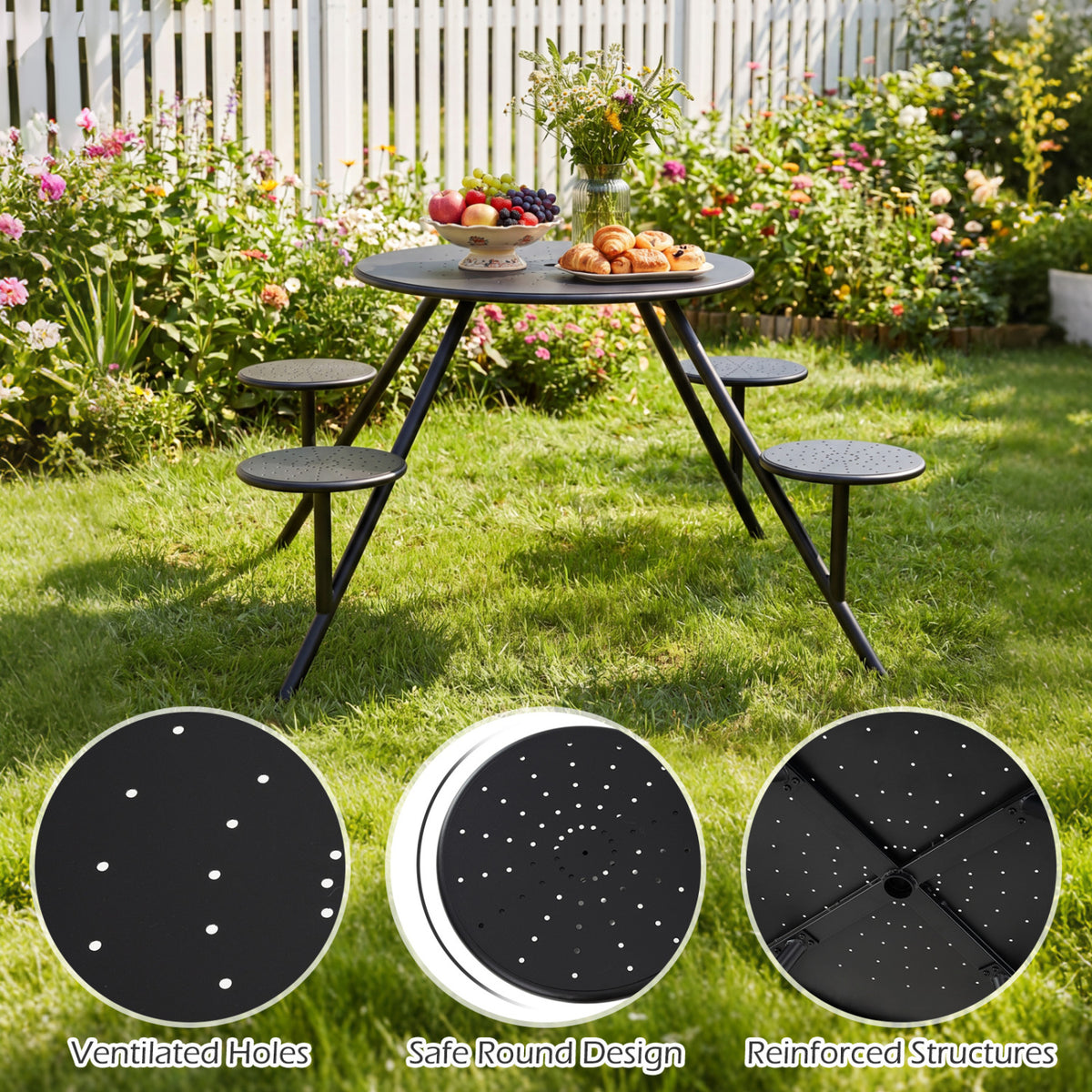 Heavy Duty Round Picnic Table for 4 with Iron Seats & Umbrella Hole