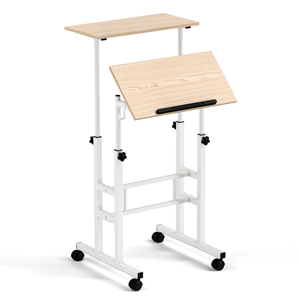 Height Adjustable Mobile Standing Desk with Tilting Desktop - Natural