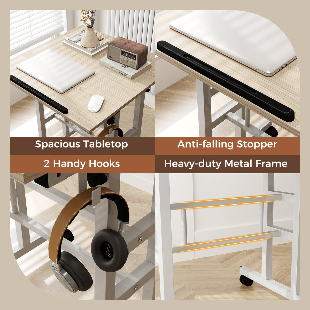 Height Adjustable Mobile Standing Desk with Tilting Desktop - Natural