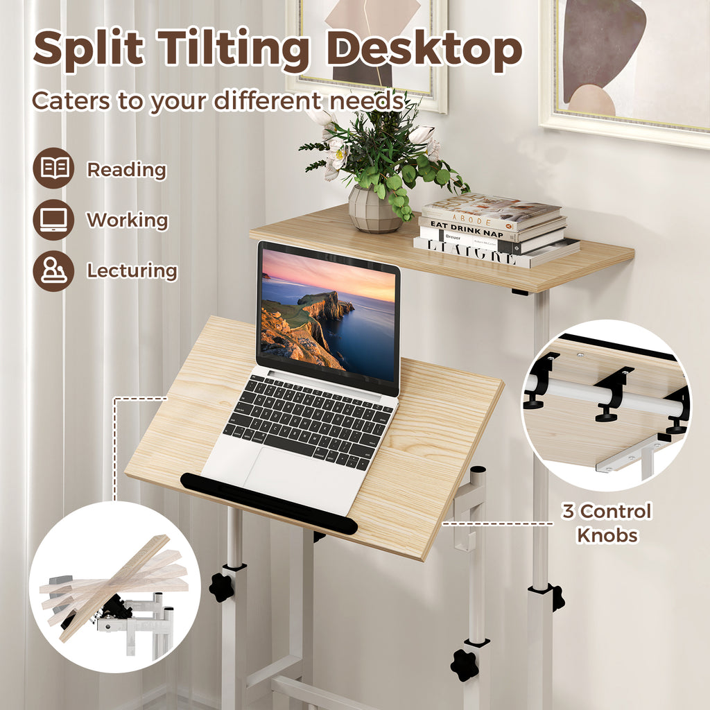 Height Adjustable Mobile Standing Desk with Tilting Desktop - Natural