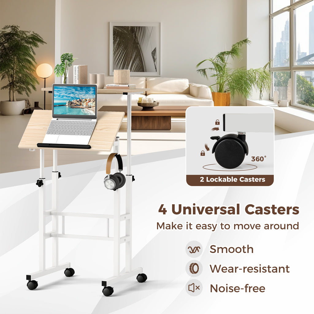 Height Adjustable Mobile Standing Desk with Tilting Desktop - Natural