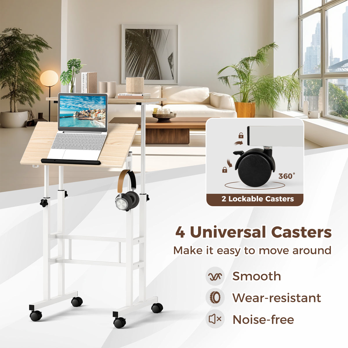 Height Adjustable Mobile Standing Desk with Tilting Desktop - Natural