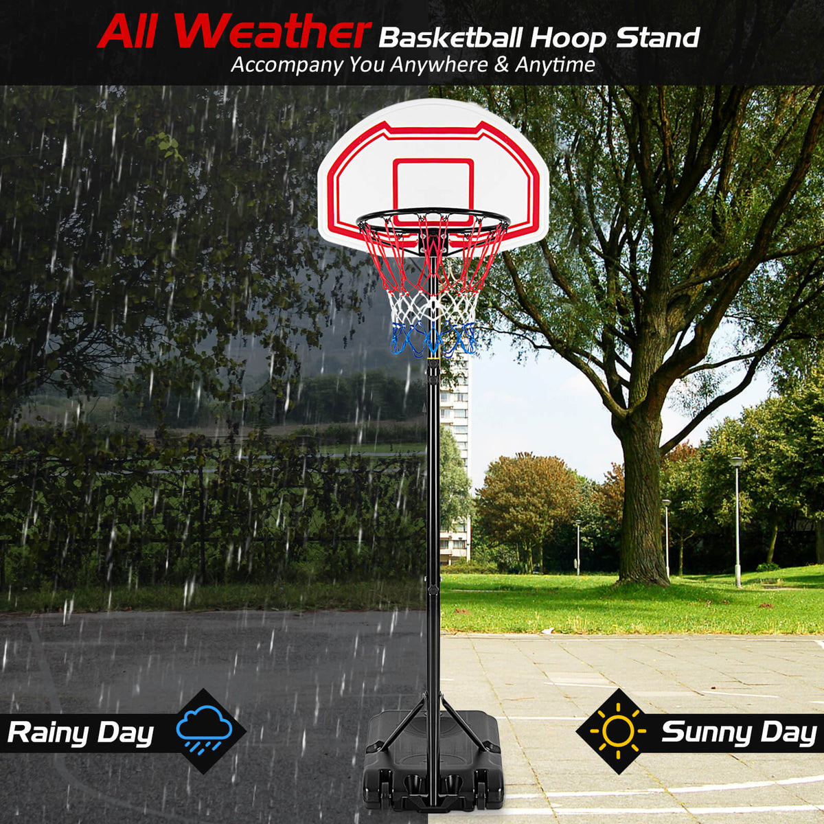 Height Adjustable Portable Basketball Hoop with 2 Nets & Fillable Base