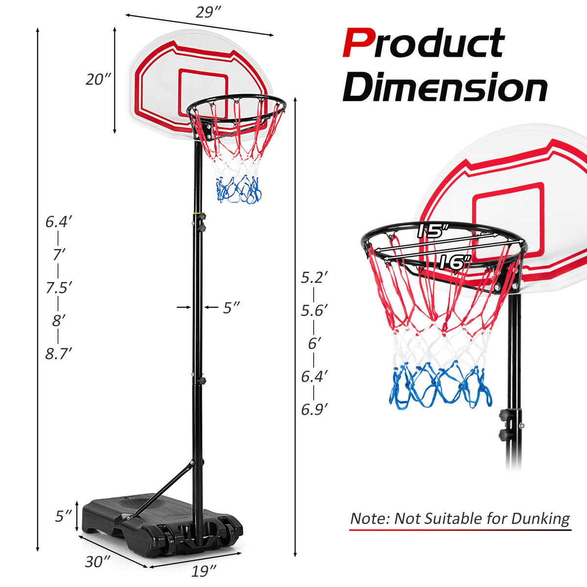 Height Adjustable Portable Basketball Hoop with 2 Nets & Fillable Base