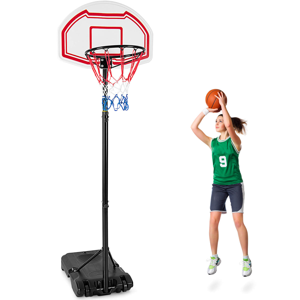 Height Adjustable Portable Basketball Hoop with 2 Nets & Fillable Base