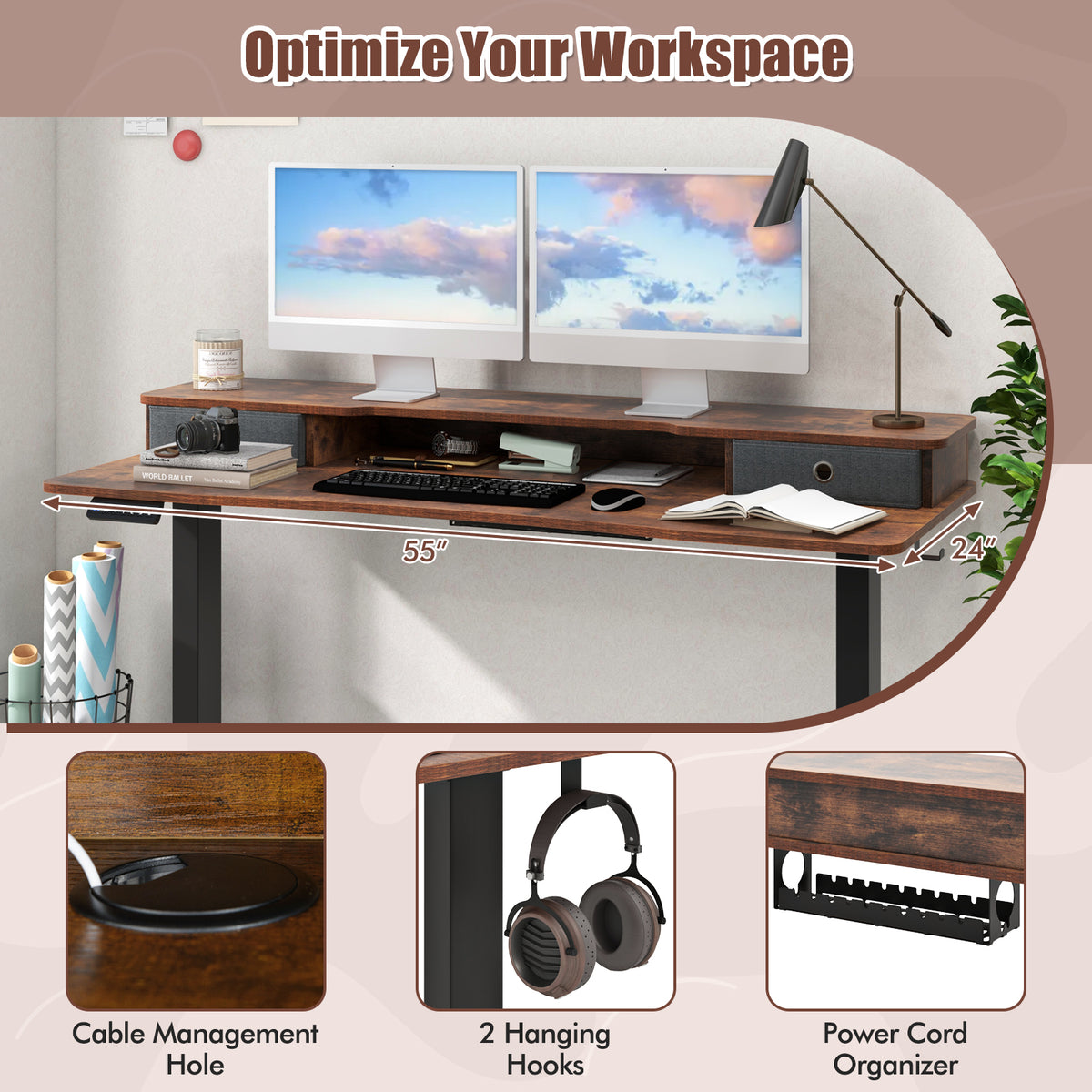 55" x 24" Height Adjustable Electric Standing Desk - Rustic Brown