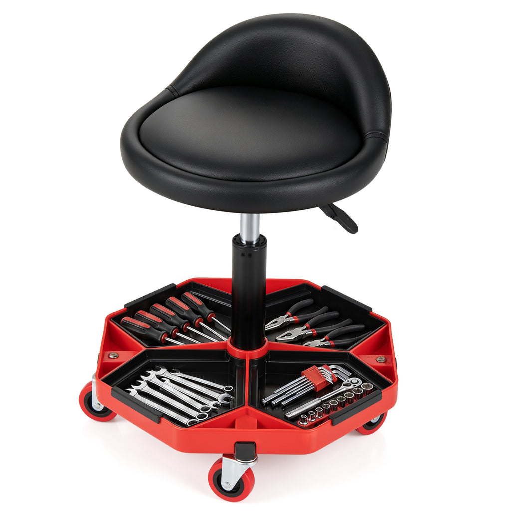 Height Adjustable Garage Seat with Backrest and PU Leather Cushion