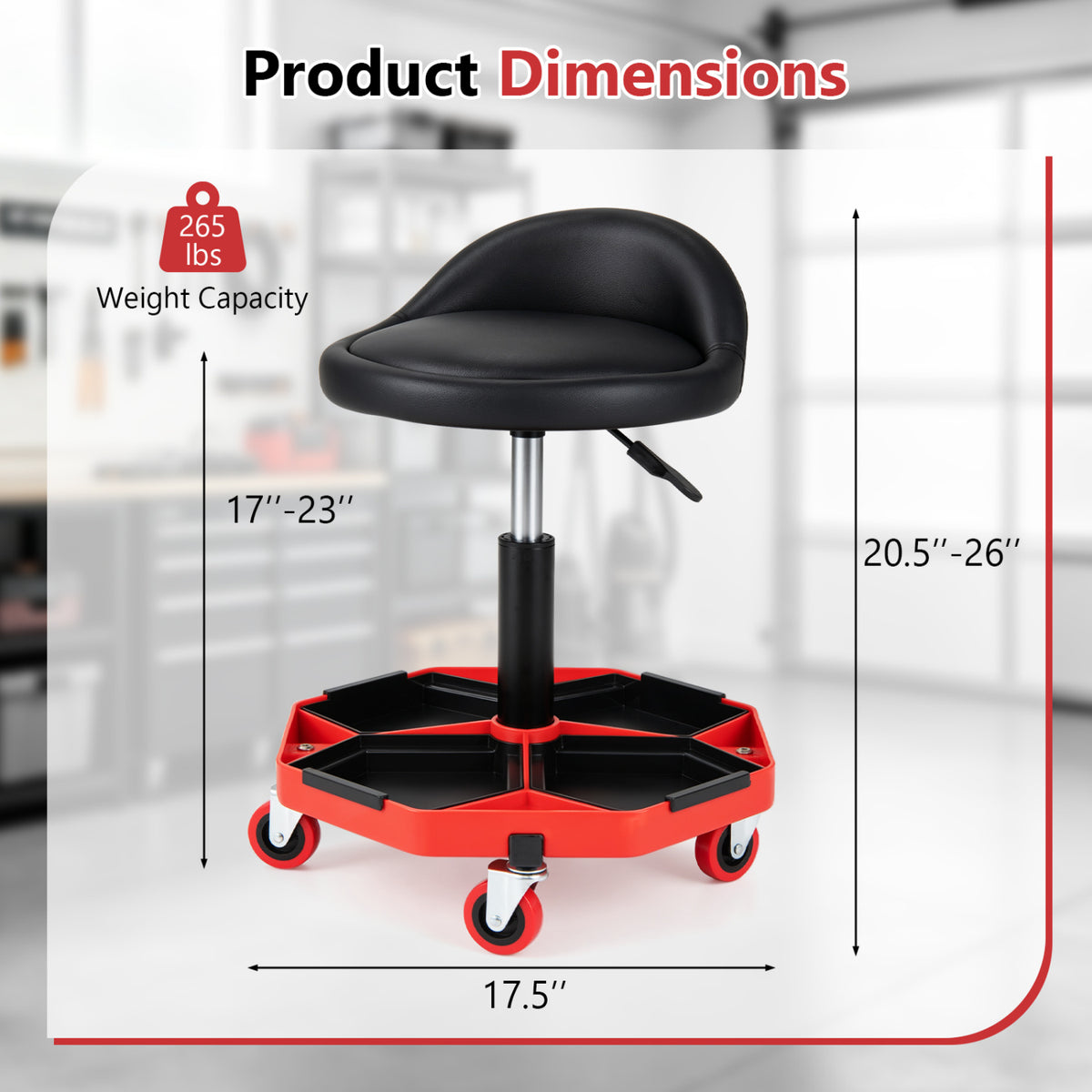 Height Adjustable Garage Seat with Backrest and PU Leather Cushion