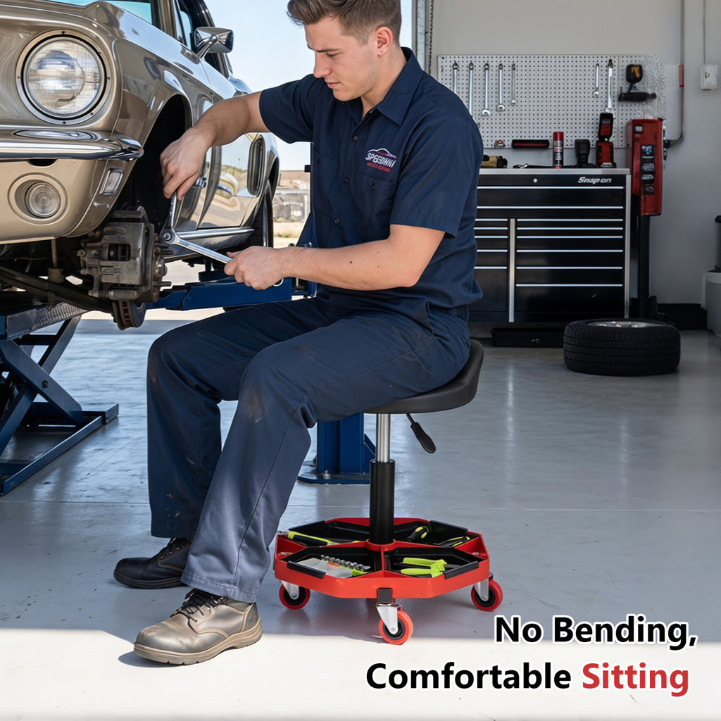 Height Adjustable Garage Seat with Backrest and PU Leather Cushion