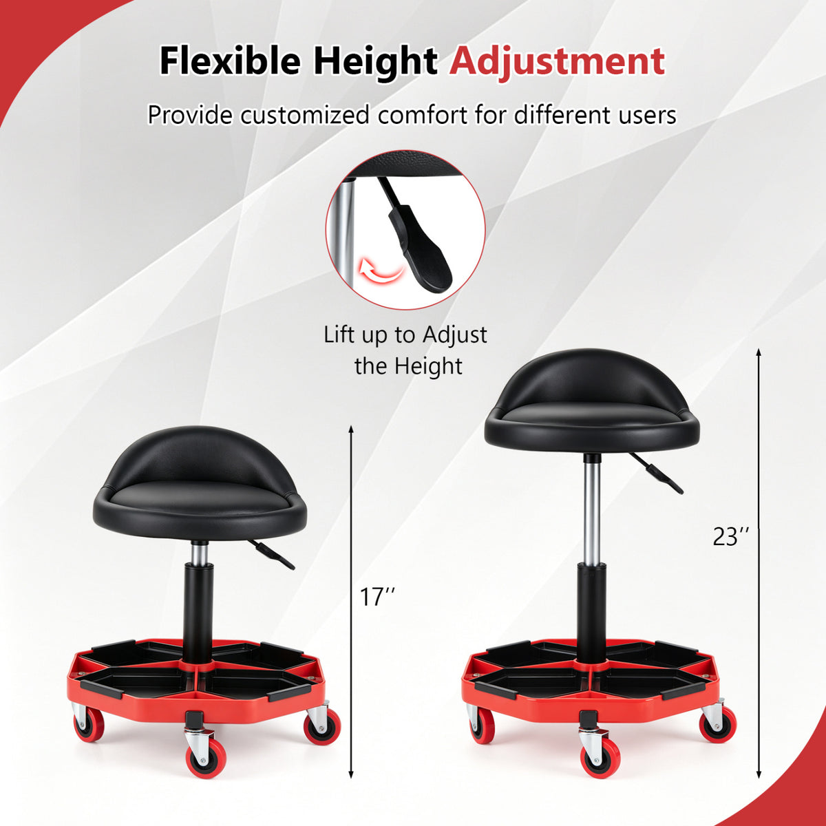 Height Adjustable Garage Seat with Backrest and PU Leather Cushion