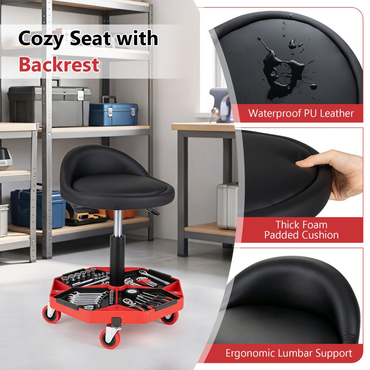Height Adjustable Garage Seat with Backrest and PU Leather Cushion