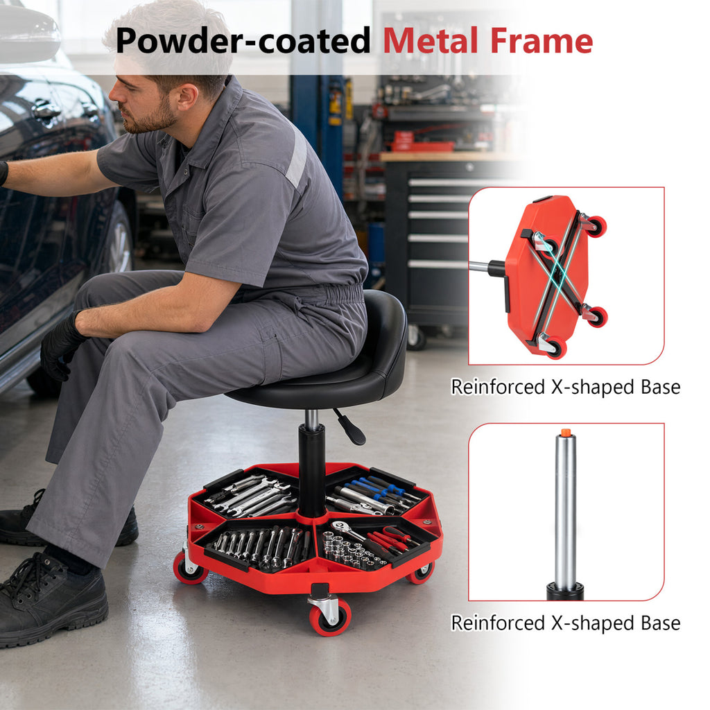 Height Adjustable Garage Seat with Backrest and PU Leather Cushion