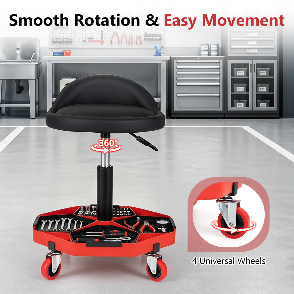 Height Adjustable Garage Seat with Backrest and PU Leather Cushion