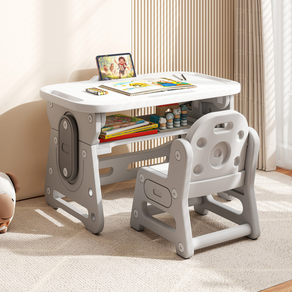 Height Adjustable Kids Table & Chair Set with Tiltable Whiteboard - Gray, HDPE Variation