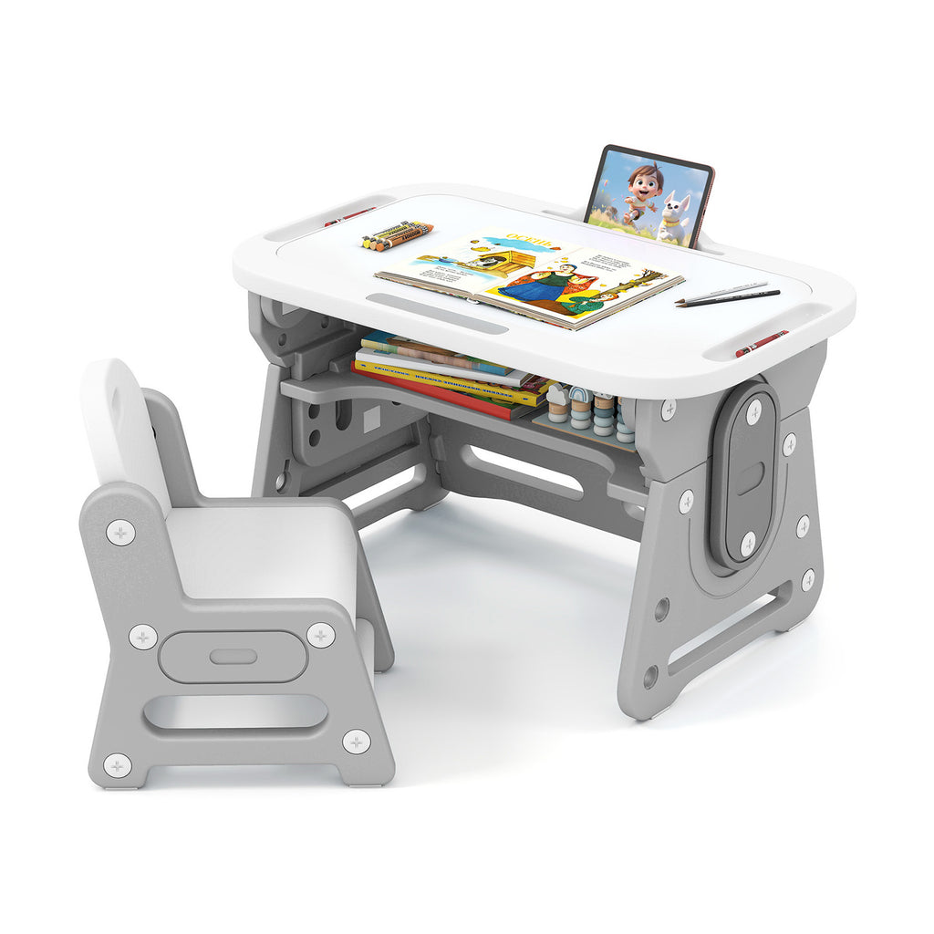 Height Adjustable Kids Table & Chair Set with Tiltable Whiteboard - Gray, HDPE Variation
