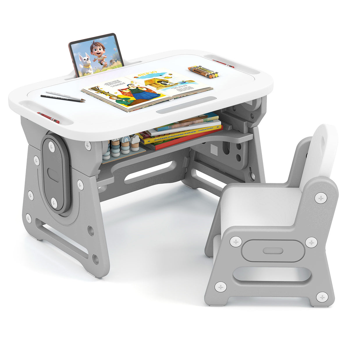 Height Adjustable Kids Table & Chair Set with Tiltable Whiteboard - Gray, HDPE Variation