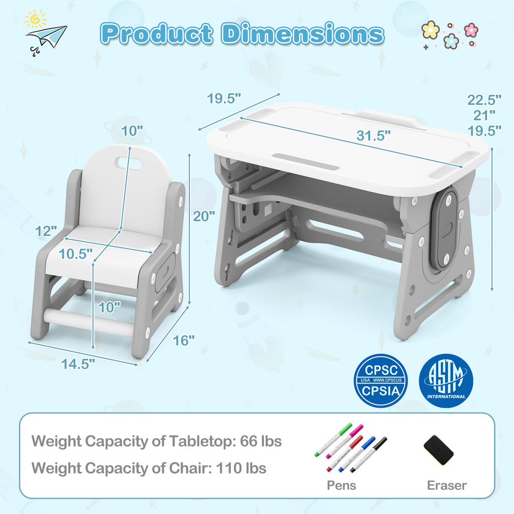Height Adjustable Kids Table & Chair Set with Tiltable Whiteboard - Gray, HDPE Variation