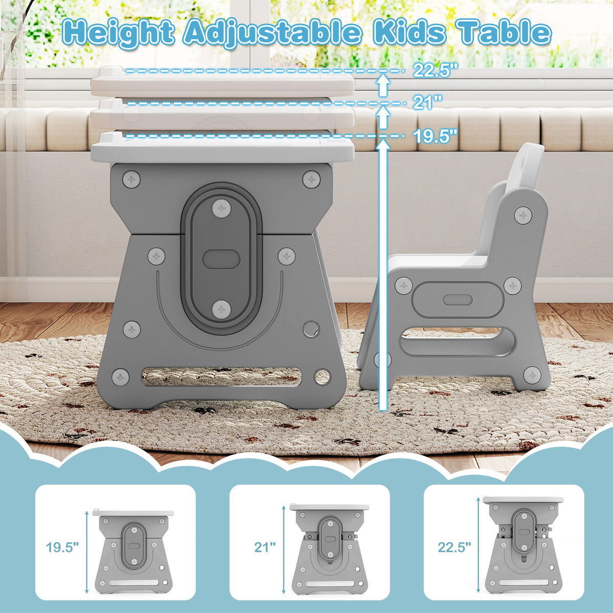 Height Adjustable Kids Table & Chair Set with Tiltable Whiteboard - Gray, HDPE Variation