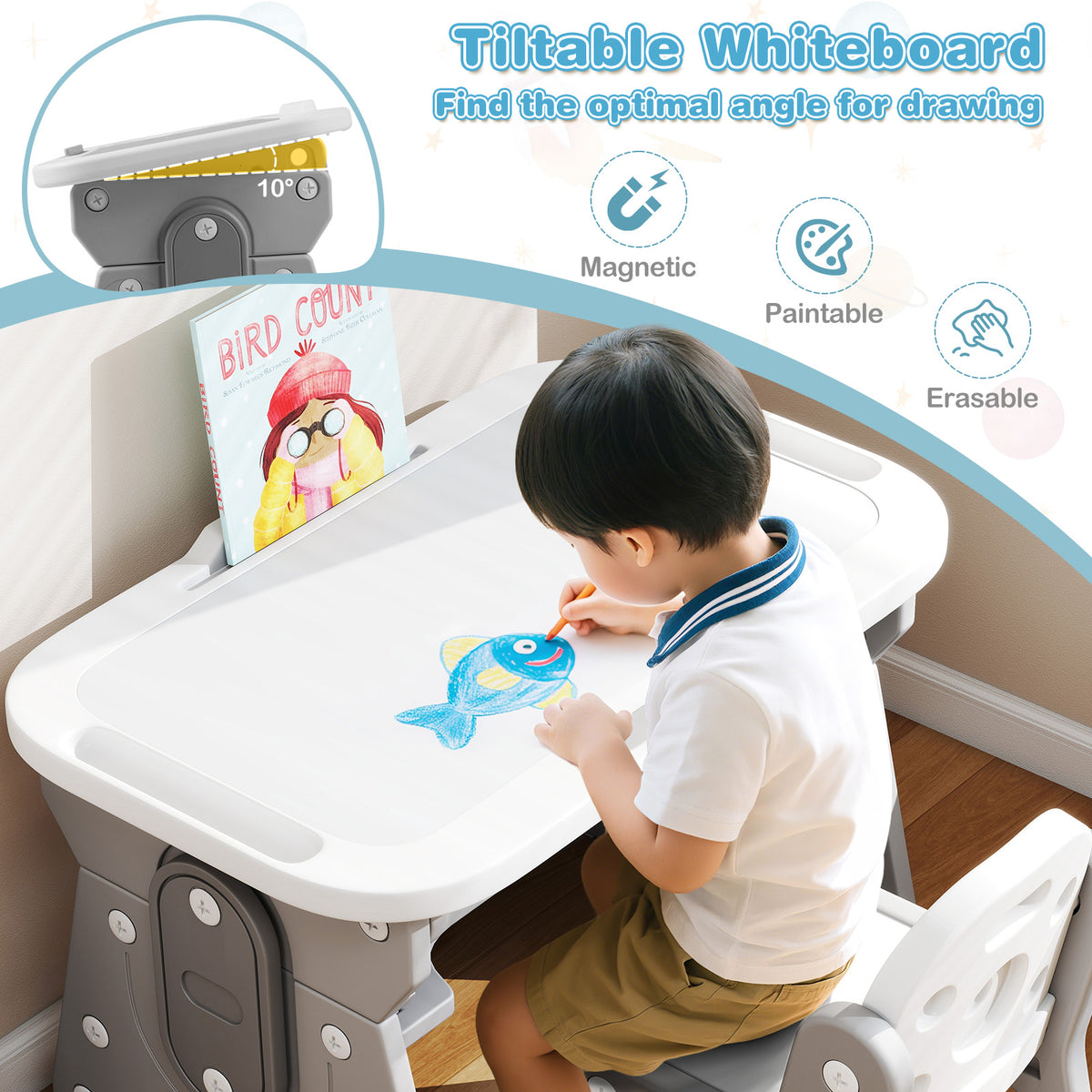 Height Adjustable Kids Table & Chair Set with Tiltable Whiteboard - Gray, HDPE Variation