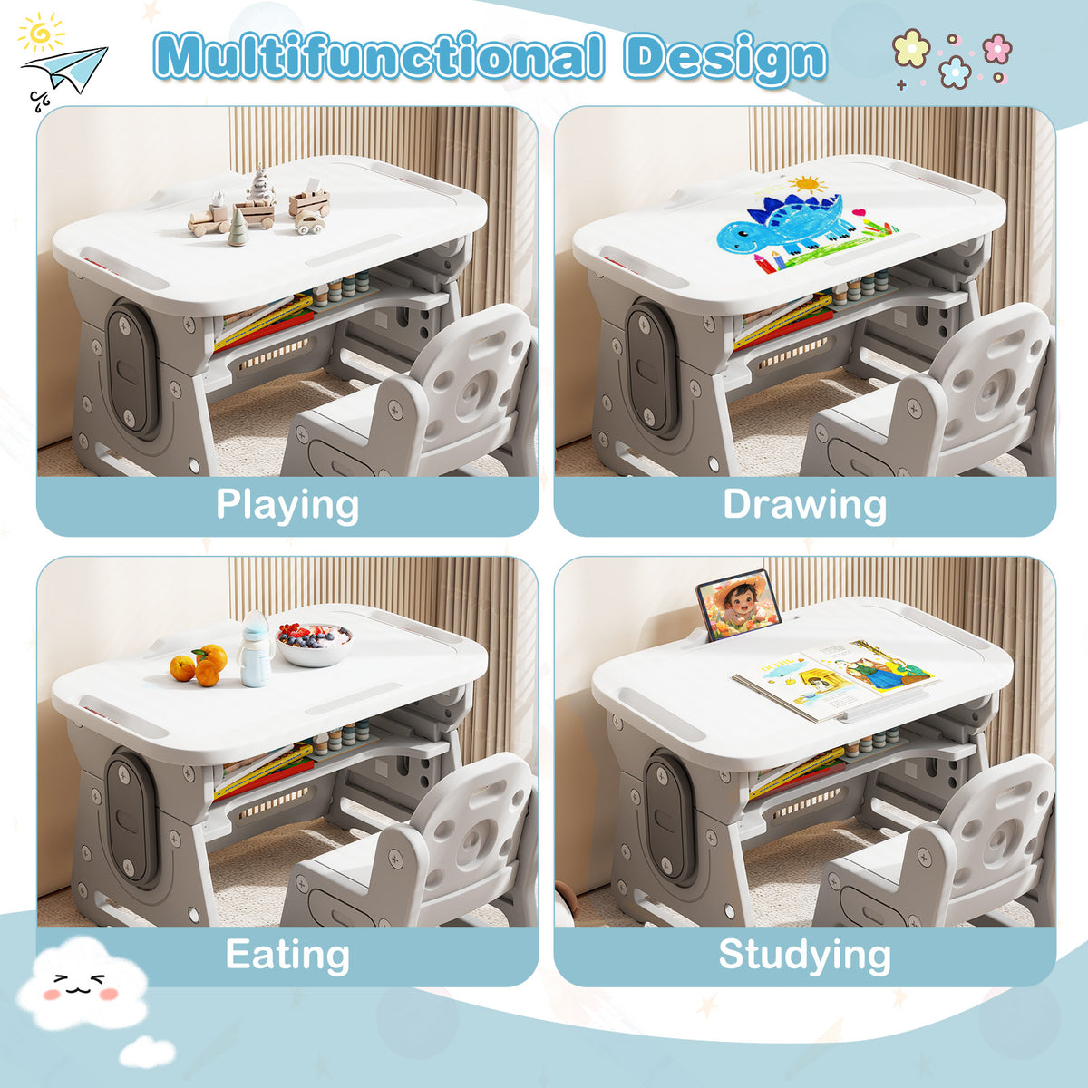 Height Adjustable Kids Table & Chair Set with Tiltable Whiteboard - Gray, HDPE Variation