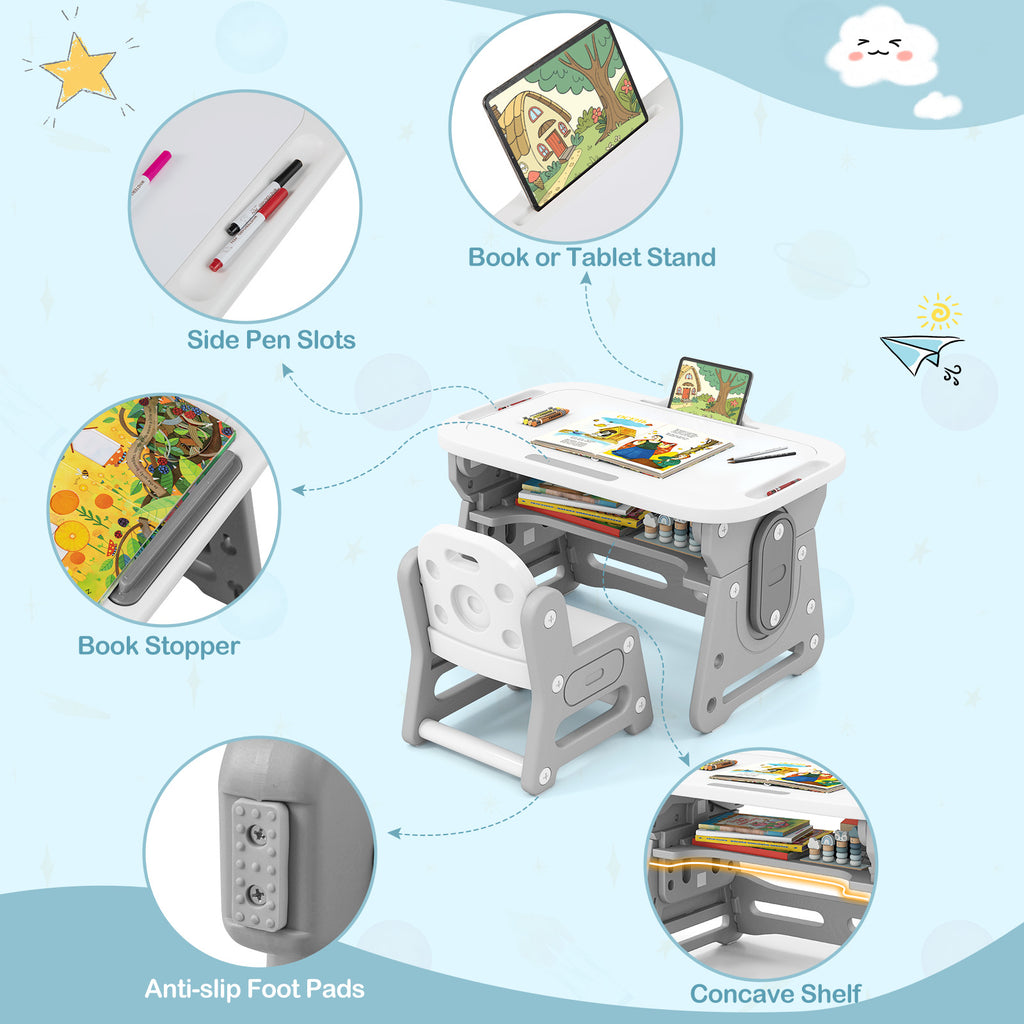 Height Adjustable Kids Table & Chair Set with Tiltable Whiteboard - Gray, HDPE Variation