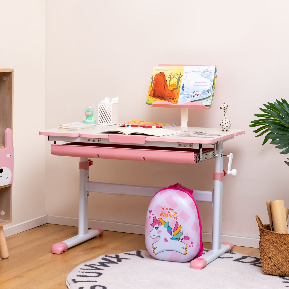 Pink Height-Adjustable Kids Desk with Tilt Desktop & Book Stand
