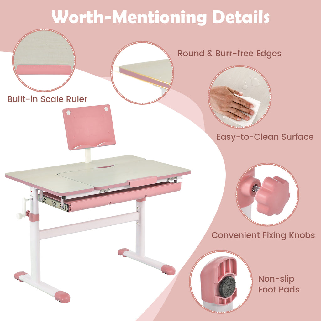 Pink Height-Adjustable Kids Desk with Tilt Desktop & Book Stand