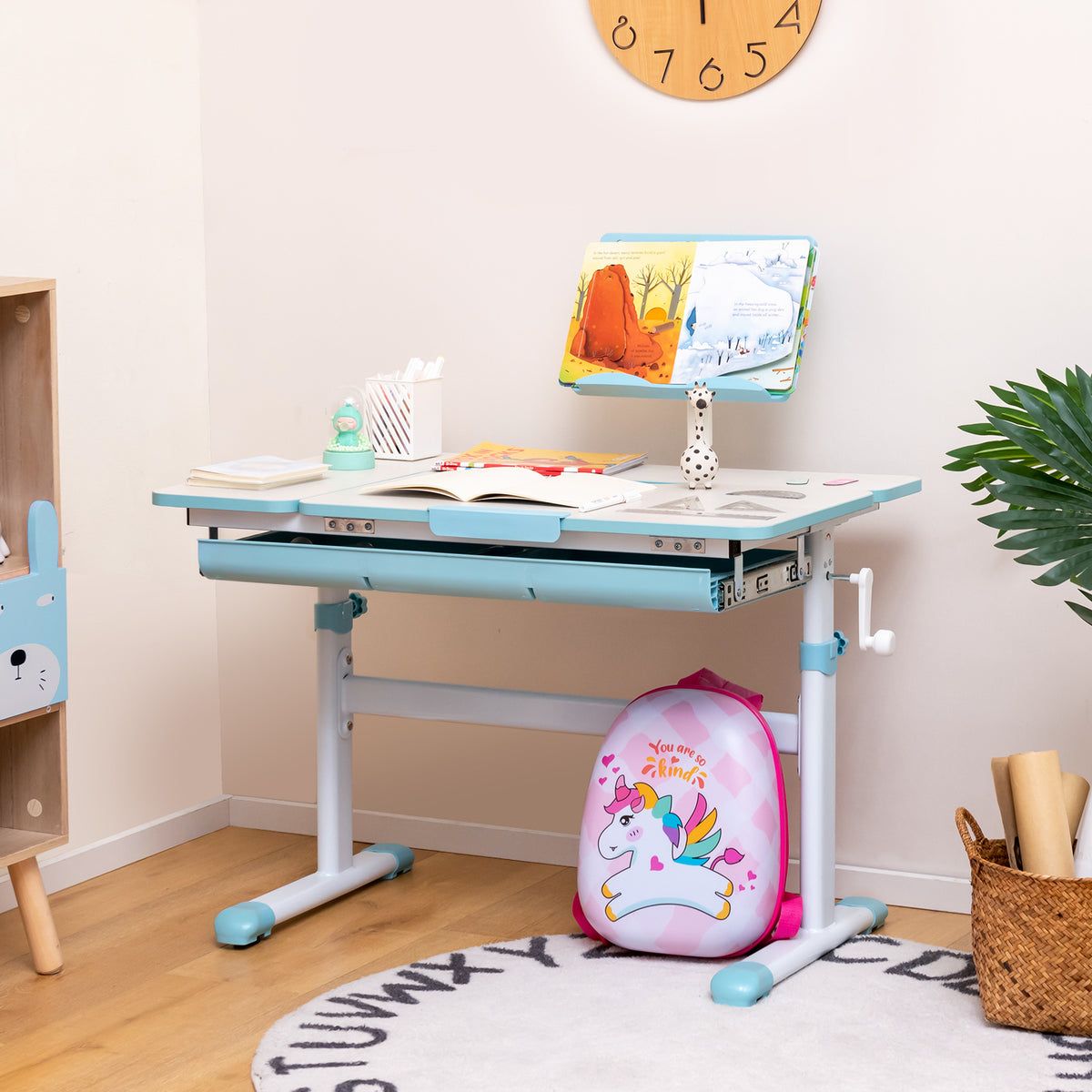 Pink Height-Adjustable Kids Desk with Tilt Desktop & Book Stand