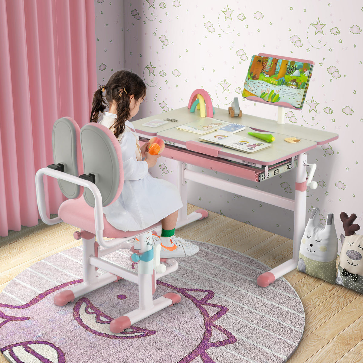 Pink Height-Adjustable Kids Desk with Tilt Desktop & Book Stand