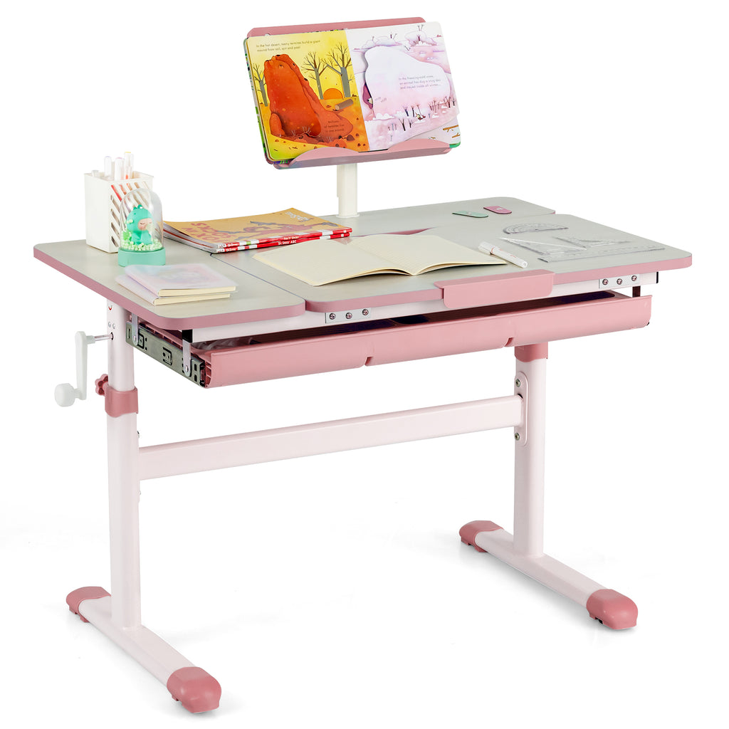 Pink Height-Adjustable Kids Desk with Tilt Desktop & Book Stand